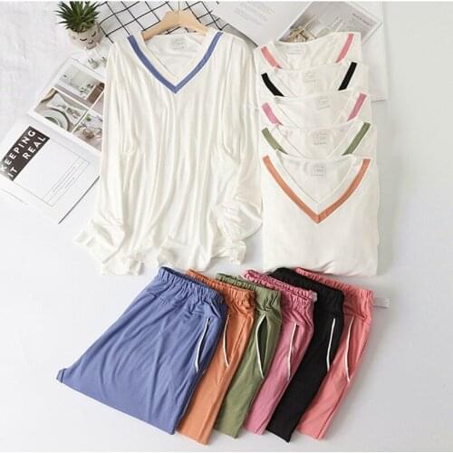 Korean V Neck Womens Pajamas Set Loose Modal Cotton Home Clothes Autumn Winter Sleepwear Pijamas 2021 Spring Pregnant Wear