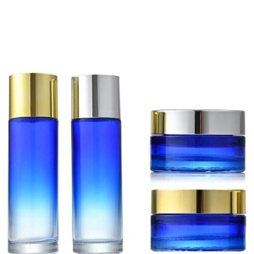 100ml Empty Gradient Blue Glass Toner Refillable Bottle Gold Silver Spray Lotion Pump Clear Cover 30G Cosmetic Cream Jars 10pcs