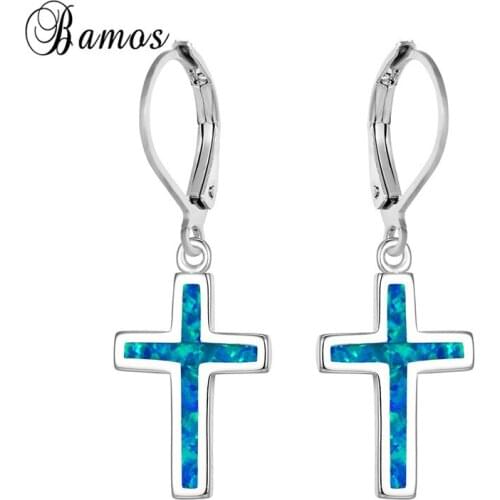 Bamos Cross Drop Earrings For Women Blue/White Fire Opal Earrings Silver Color Fashion Jewelry Long Dangle Earrings