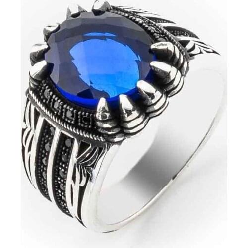 Blue Zircon Stone Eagle Claw Men 'S Silver Ring