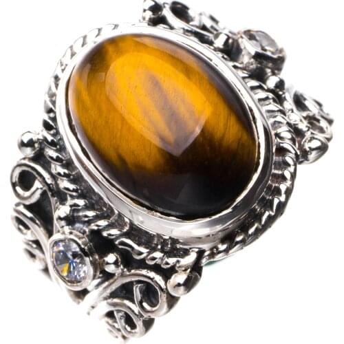 StarGems Natural Tiger Eye And Zircon Handmade 925 Sterling Silver Ring 7.25 E2505