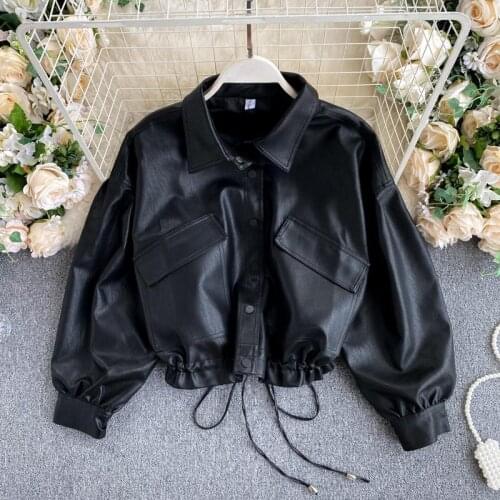 JMPRS Vintage Women Pu Crop Jacket Autumn Long Sleeve Button Up Black Female Crop Faux Leather Coat Punk Streetwear Overcoat