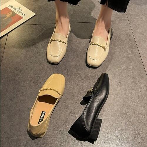 Women Loafers 2021 New Fashion Square Toe Chain Slip on Shoes Leather Flats Low heels Casual Shoes Black Loafer Slipper 9300G