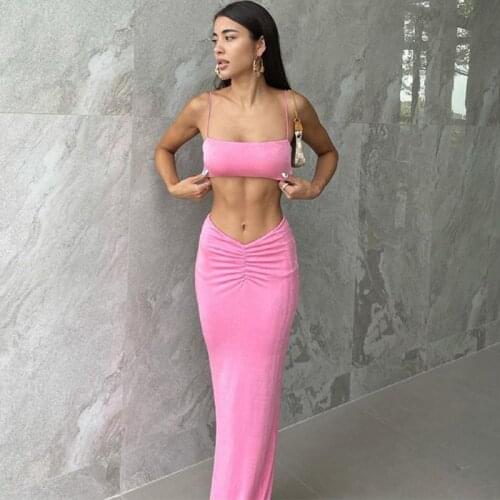 Women Pink 2 Pieces Set Halter Corset Tube Top Crops Midi Skirt Suits Bodycon Sexy Party Elegant Club Clothes 2021 Summer