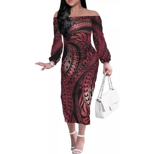HYCOOL Polynesian Tribal Stripe Print Women Plus Size Clothing One Piece Off Shoulder Dress For Women Party Dresses Ladies Long