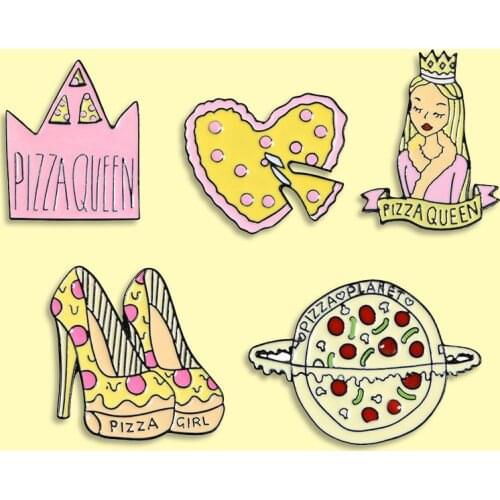 5 styles Queen High Heels Pizza Enamel Pin Pizza Queen Brooch Backpack Clothes Lapel Cartoon Jewelry Gift for Friends Kids