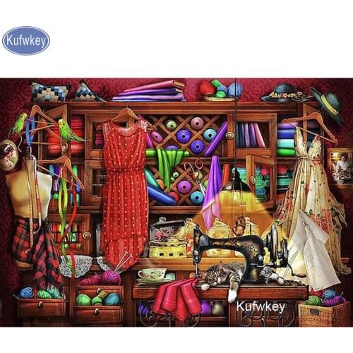 3D DIY Diamond Painting Scissors Sewing shop Cross Stitch 5D Diamond Embroidery square rhinestones Mosaic Needlework Decoration