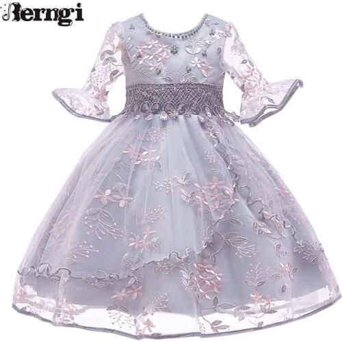 Berngi Kids Girl Flare sleeves Embroidered Gauze Princess Dress Neckline Beaded Dress For Childs Wedding Birthday Party Outfits