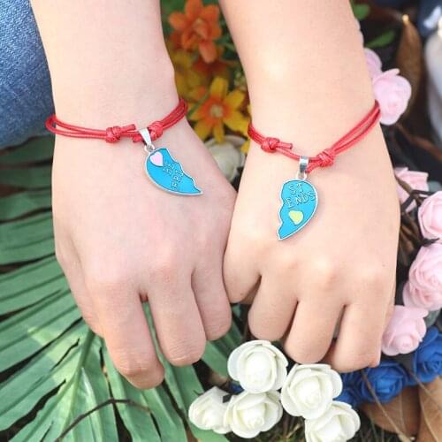 Best Friend Bracelet 2-Pieces-set Adjustable Rope Chain Heart-shaped Metal Bff Pendant Friendship Bracelet Ladies Gift 2020