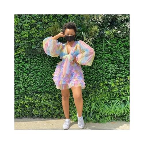 Colorful Women Tulle Set Rainbow Tulle Top And Skirt Custom Made Mini Length Long Sleeve Plus Size Girls Party Dress