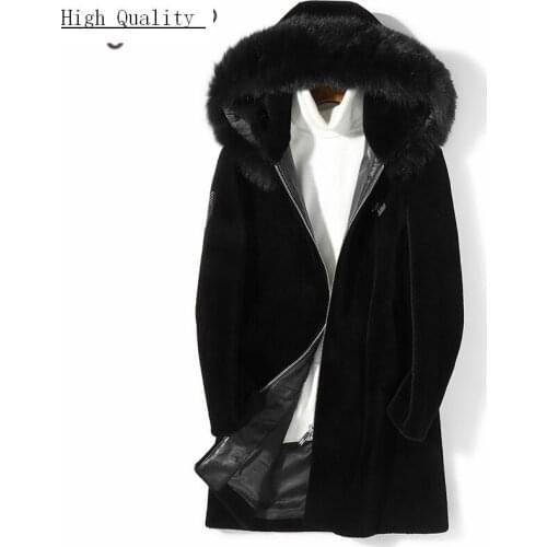 Winter Coat Men Fashion Thick Warm Real Fur Coat Large Fox Fur Hooded Clothes 2020 Long Sheep Shearling Jacket Hiver 7106