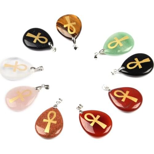 Natural crystal charms Water drop Pendant religion Rune Symbol of life ankh pattern cross accessories Reiki Jewelry for women