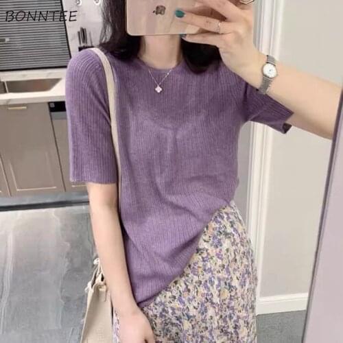 Solid T-shirts Women Knitted Summer Fashion Loose All-match Leisure Cozy Breathable Ulzzang Holiday Stretchy Elegant Female Tops