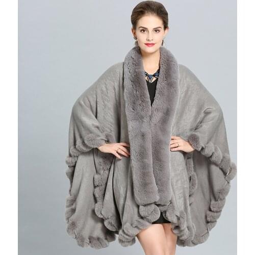 SWONCO Large Size Imitation Fox Fur Collar Shawl Cloak Jacket Female 2019 New Winter Warm Coat Women Long Ponchos And Cape Women