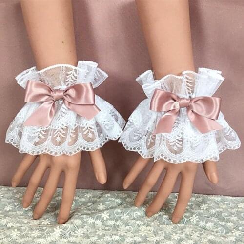 Multicolor Sweet Lolita Hand Wrist Cuffs Bowknot Lace Trim Maid Cosplay Accessories For Women Girl Party