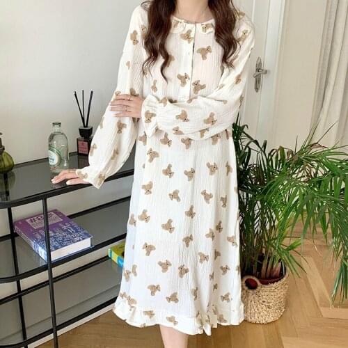 Loose cartoon funny bear nightgown women homewear long sleeve spring autumn nightdress gauze cotton comfortable sleepdress L321