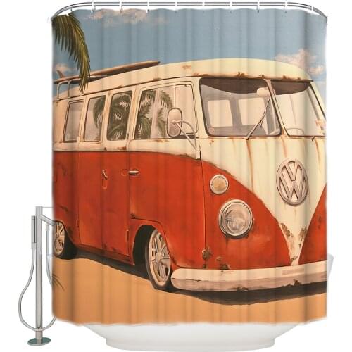 WARMTOUR Shower Curtain Retro Bus Bus Palm Trees Dusk Bath Curtains Bathroom Decor with Hooks