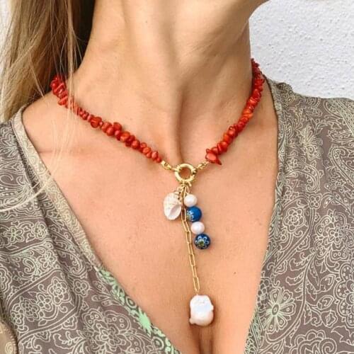 Baroque Pearl Blue Flower Beaded Natural Red coral Shell Pendant Necklace Ladies Beautiful Accessories Exquisite Jewelry Gift