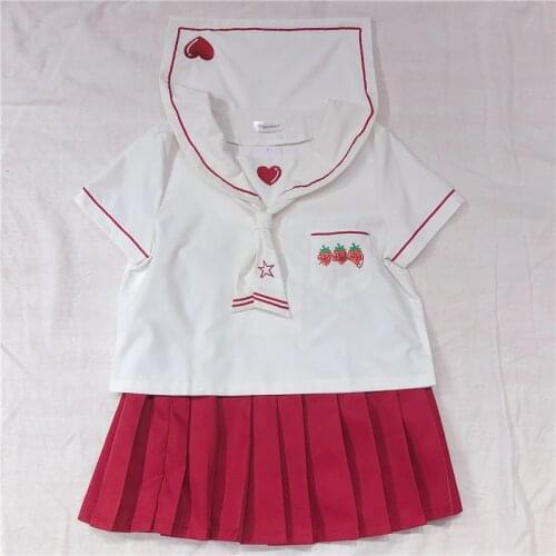 Women Japanese Cute Strawberry Embroidery Short Blouse Summer Sailor Suit Navy Collar Loving Shirt & Sweet Red Pleated skirt