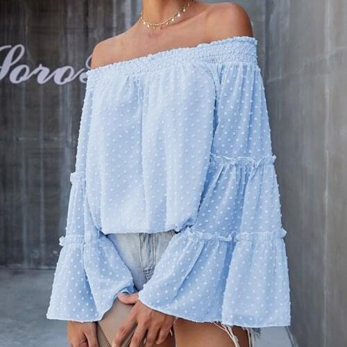 Ruffles See Through Flare Sleeves Lace Blouse Top Woman Sexy Off Shoulder Dot Solid Shirt Top Elegant 3/4 Sleeves Casual Bloues