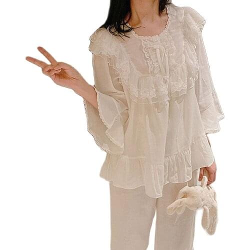 Women Pajamas Suit Princess Leisure Long Sleeve South Korean Sweet Cute Lace Pyjamas Sets 2 Pieces Homewear Sleepwear Plus Size