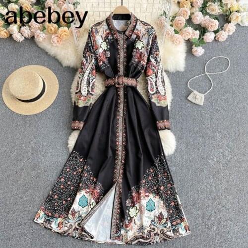 Retro Print Pleated Maxi Dress Women Turndown-Collar Long Sleeve A-line Dresses Spring Boho Casual Vacation Long Dress