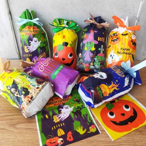 10Pcs Happy Halloween Ribbon Drawstring Bag Candy Gift Food Packaging Bag Drawstring Bag Decorations for Home Presents