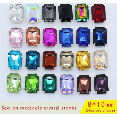 20p 8x10mm Rectangle color sew on faceted crystal glass Flatback rhinestones silver base loose beads for Garment Dress craft DIY