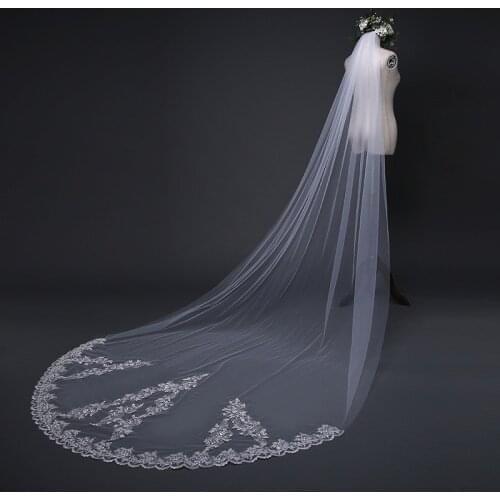 Promotional One Layers Lace Appliqued Edge Sequins Beaded Soft Tulle Three Meters Long Wedding Veil Bridal Chapel Veil With Comb
