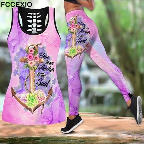 FCCEXIO Seamless Sportwear Set Women Clothes Flower Print Fitness Yoga Suits Leggings Outfit Gym Workout Tank Top Sports Pants