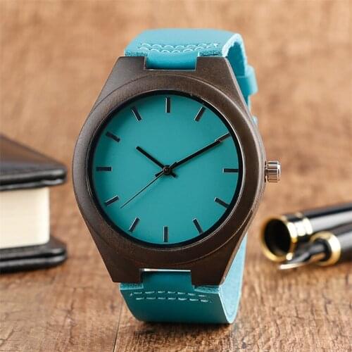 Stylish Blue Round Dial Ebony Wood Men Watches Unique Natural Wood Watch Case Genuine Leather Wristwatch Gifts Male