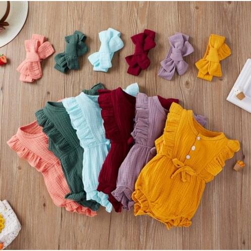 Newborn Baby Girls Romper Hairband Set Infants Fly Ruffled Sleeve Jumpsuit Crotch Button One-piece Garment Baby Bodysuits