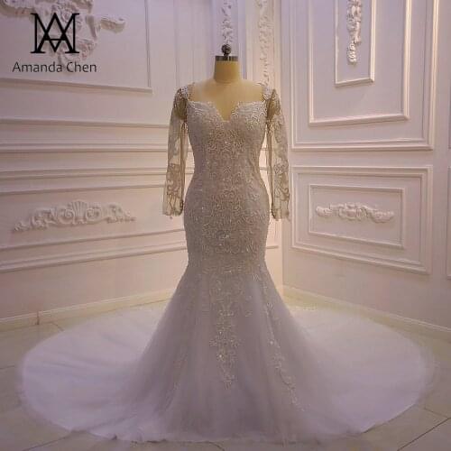 Vestidos elegantes Long Sleeve Lace Appliqued Mermaid See Through Back Wedding dress