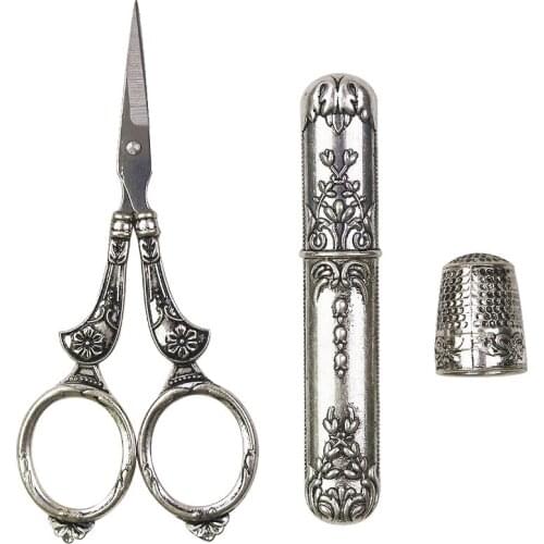 European Vintage Sewing Kit Stainless Steel Scissors / Metal Thimble/ Needle Case DIY Sewing Tools for Embroidery Cross Stitch