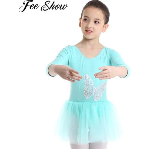 FEESHOW Girls Cotton Tulle Ballet Dress Dancewear Long Sleeve Sequined Bailarina Butterfly Ballet Dance Gymnastics Leotard Dress