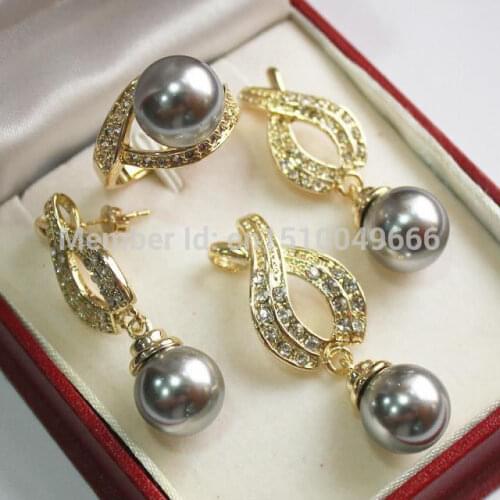 Hot sale 1Set AAA 12mm Gray Shell Pearl Pendant Necklace Earrings Ring Set 04