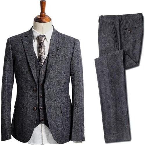 Handsome Gray Winter Thick Tweed Fabric Man Prom Business Suits Groom Tuxedos Men Party Coat Waistcoat Trousers Sets NO:214
