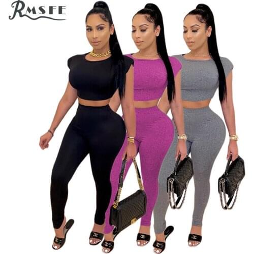 RMSFE 2020 Solid Women Sportwear High Neck Shinny Set Gym Clothing 2 Piece Set Women Short Sleeve Top And Pant Sets