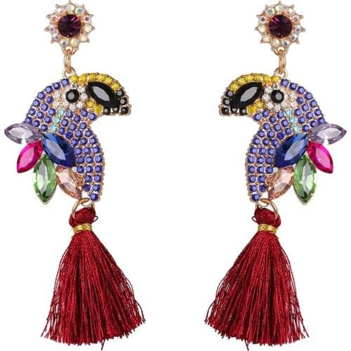 Fashion Crystal Animal Parrot Tassel Drop Earring For Women Rhinestone Statement Colorful Macrame Dangle Earring Party Gift