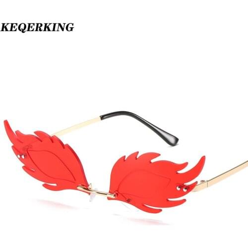 Fashion Unique Flame Feather Shape Women Sunglasses Rimless Clear Ocean Lens Eyewear Brand Designer Retro Men Sun Glasses