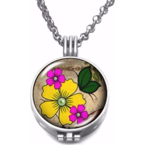 RoyalBeier New Arrive Flower Snap Button Necklace Perfume Aroma Essential Oil Diffuser Charm Glass Charms Pads Chain Necklace