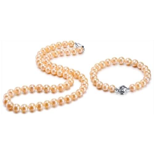 Charming 10-11 mm round gold pearl necklace 18" &bracelet 8" set