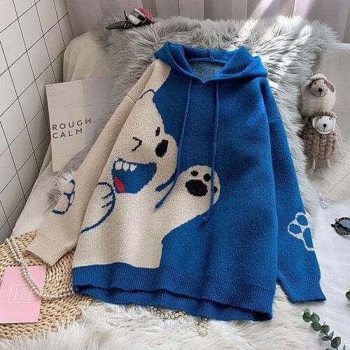 Autumn Winter Hooded Sweater Long-Sleeved Bear Pattern Casual Hedging Patchwork Loose Fashion y2k Knitted Top 2021 New