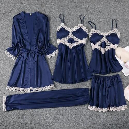 Sexy Sleepwear Satin Lady 5PCS Pajamas Set Silky Kimono Bathrobe Gown Lace Intimate Lingeri Soft Robe Suit Casual Nightwear