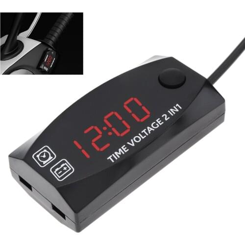 Portable 2 In 1 Waterproof Durable Electronic Clocks Display Digital LED High Accuracy Voltage Volt Gauge Voltmeter Motorcycles