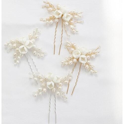 SLBRIDAL Handmade Freshwater Pearls Ceram Flower Bridal Hair Pin Wedding Hair Sticker Hair Accessories Bridesmaids Women Jewelry