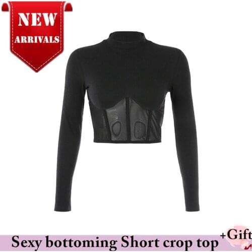 Women Sexy Combine Mesh Long Sleeve T-Shirt Autumn And Winter Longsleeve warm top Short top Turtleneck sweater Shirt Crop top