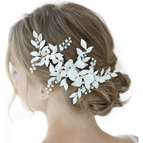 Wedding Hair Clip Pearl Headband Jewelry Painted Leaf Bridal Hair Piece Accessories Women Head Ornament