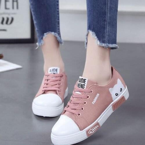 2021 Women Flat Cartoon Canvas Shoes 2018 New Summer White Lace Up Student Board Shoes Ladies Casual Shoes Female Sneakers