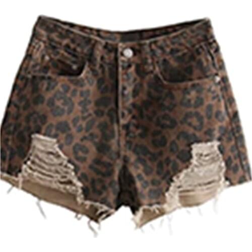 2021 New Print Leopard Grain Shorts For Female High Waist Slimming Patchwork Worn Out Womens Casual Shorts Fashion Tide